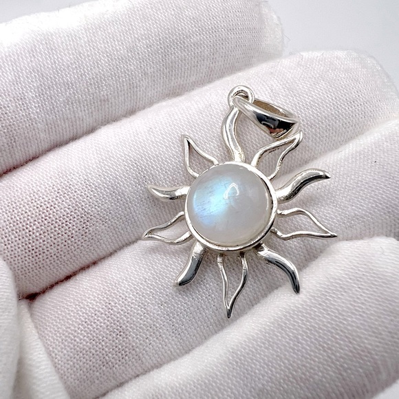 Rainbow Moonstone Sun Gemstone .925 Sterling Silver Sun Pendant - Picture 11 of 16
